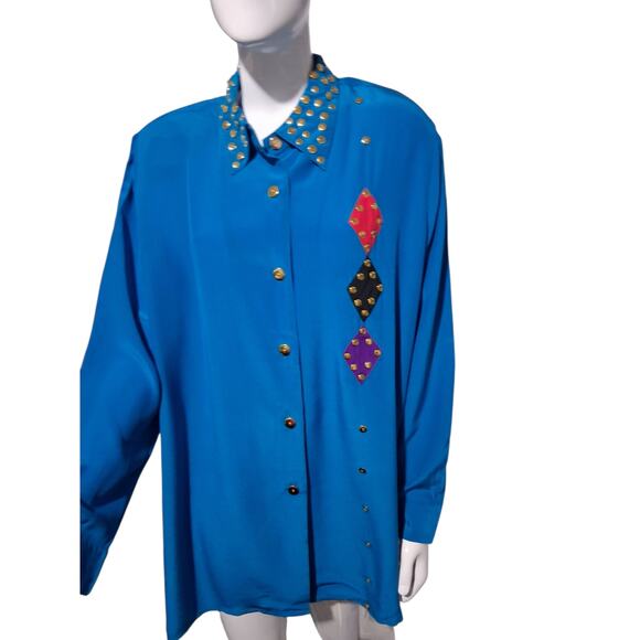 Vintage Diane Gilman 100% Silk Womens size 1X Diamond Patchwork Button Up Top - Picture 7 of 12